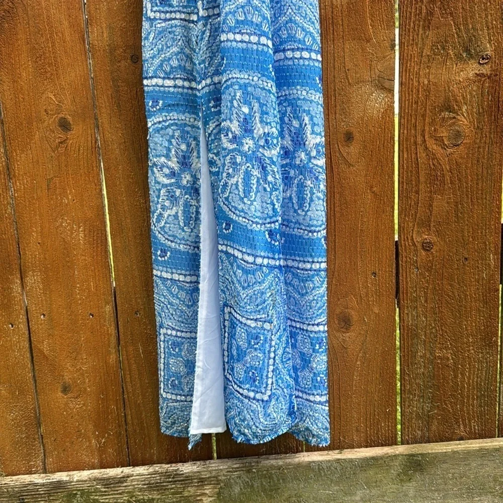 Vineyard Vines Sand Dollar Scarf Print Maxi Dress White Blue Womens 12 Side Slit